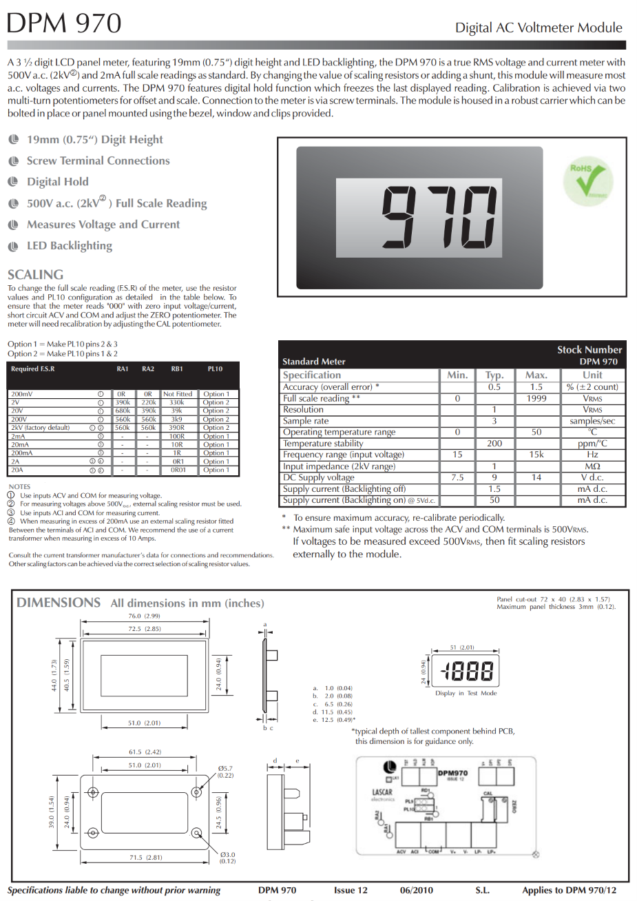 대형 디지털 AC LCD 전압계 LASCAR Panel Meters / DPM 970