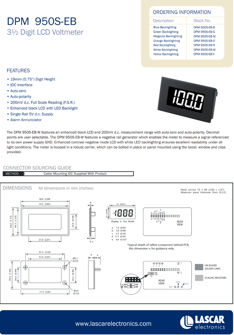 흰색 숫자가 표시된 대형 200mV 단일 레일 전압계 LASCAR Panel Meters / DPM 950S-EB-W