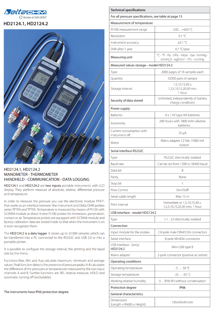 압력계/온도계/입력 단자 2개 Senseca DeltaOHM HD2124.1