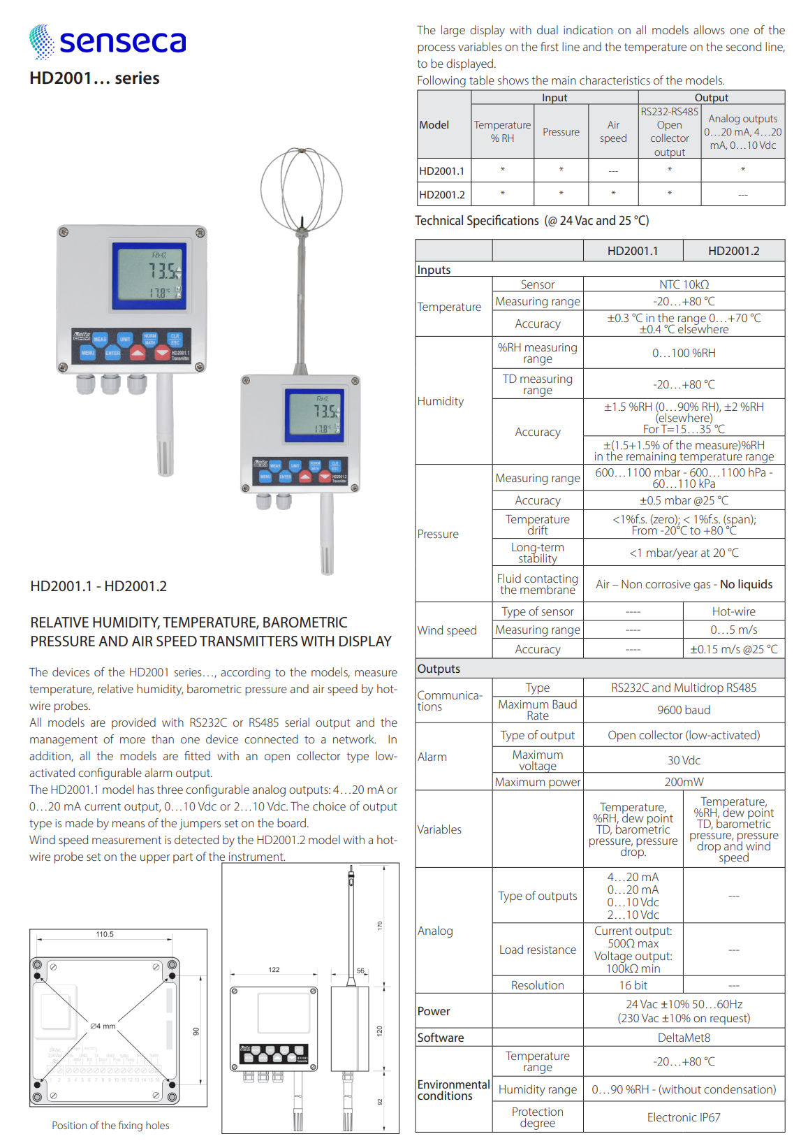 온도, 습도, 압력 및 풍속 트랜스미터 Senseca DeltaOHM HD2001 시리즈