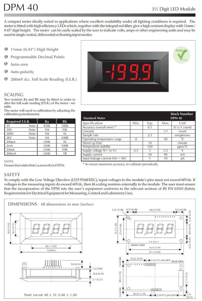 3½자리 LED 모듈 전압계 LASCAR Panel Meters / DPM 40