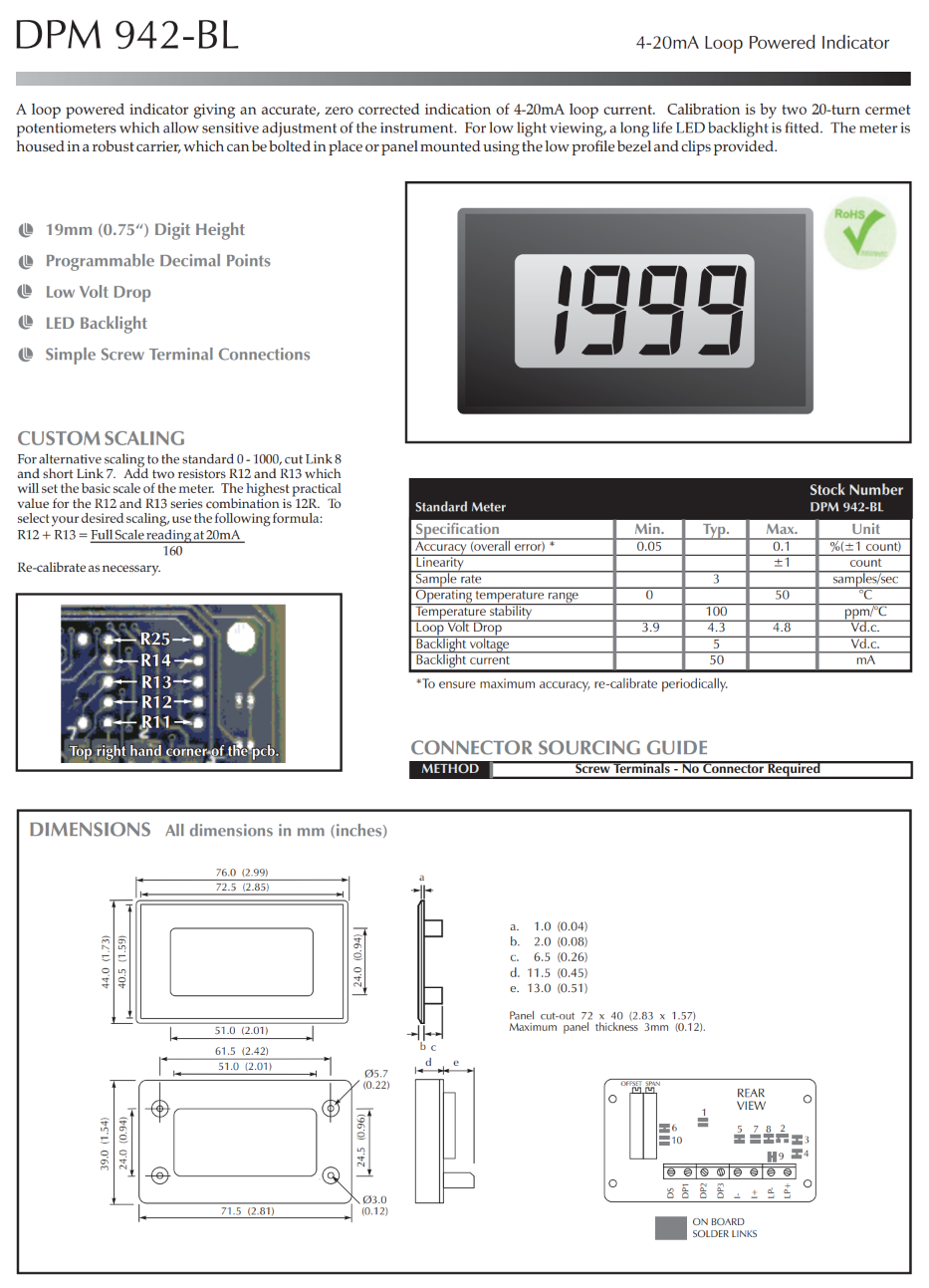 4-20mA 루프 전원 LCD 미터 LASCAR Panel Meters / DPM 942