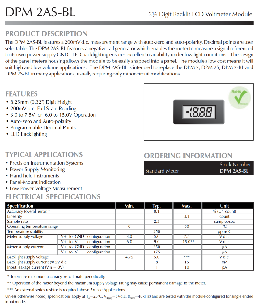컴팩트한 3.5자리 LCD 전압계 LASCAR Panel Meters / DPM 2AS-BL