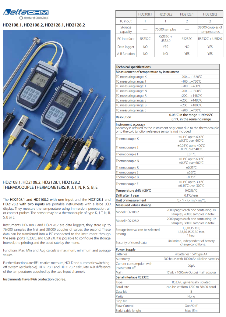열전대 온도계 데이터 로거 Senseca DeltaOHM HD2108.2