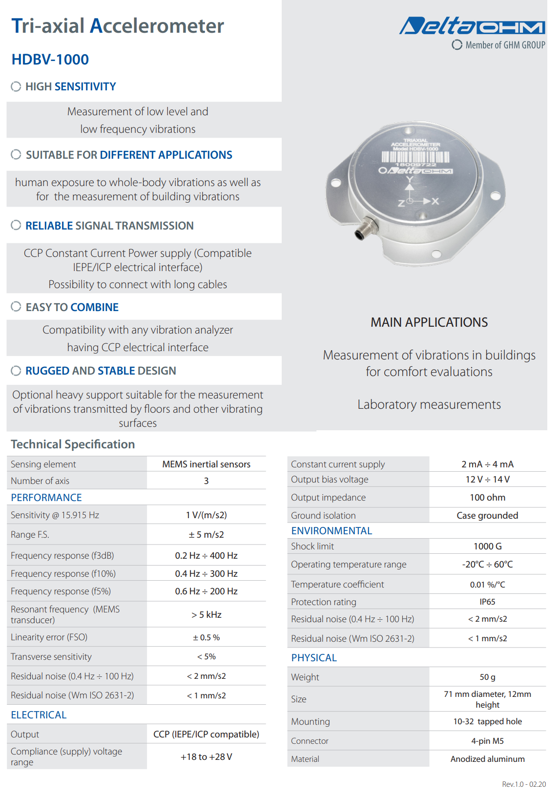 IEPE 삼축 고감도 가속도계 10V/g Senseca DeltaOHM HDBV-1000
