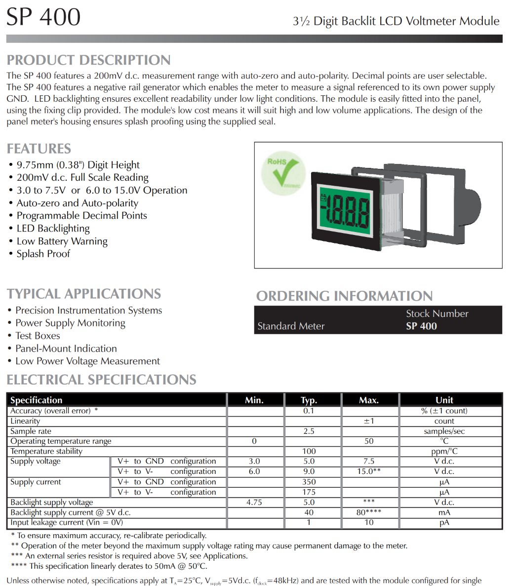 초저프로파일 LCD 전압계 LASCAR Panel Meters / SP 400