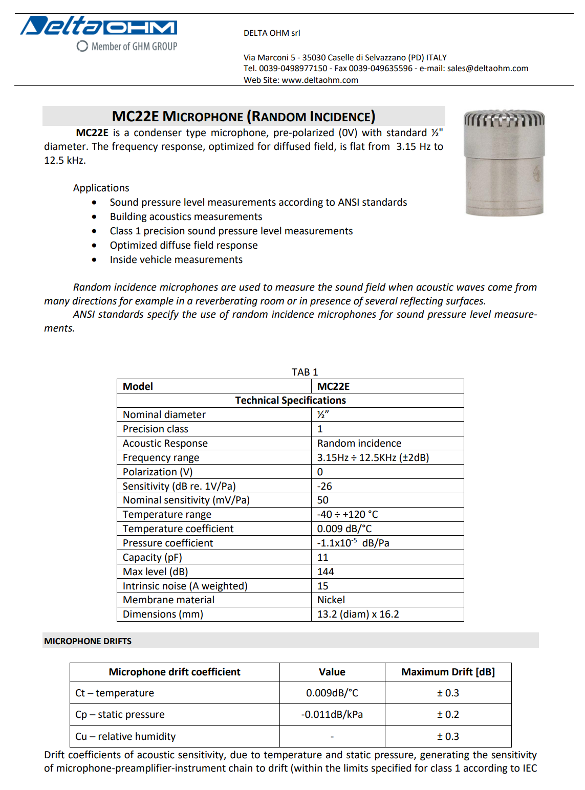 사전 편파형 랜덤 입사 콘덴서 마이크 Senseca DeltaOHM MC22E