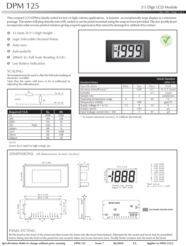 LCD 전압계 LASCAR Panel Meters / DPM 125