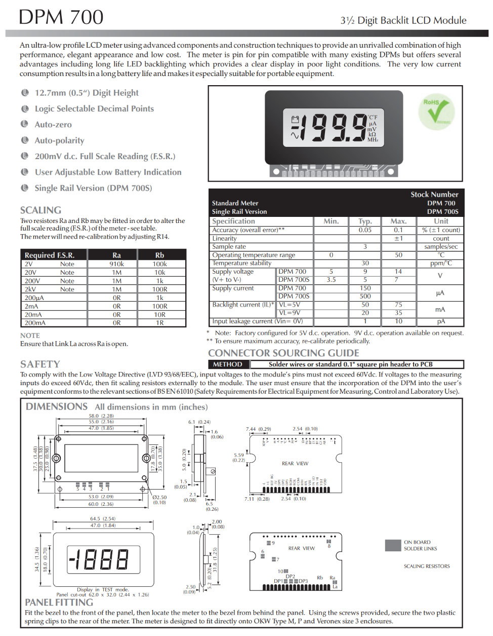 LED 백라이트가 장착된 200mV LCD 전압계 LASCAR Panel Meters / DPM 700