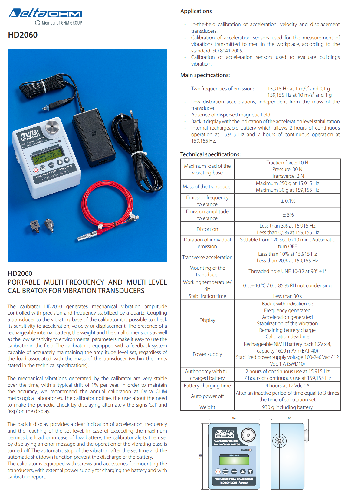 진동 변환기용 교정기 Senseca DeltaOHM HD2060