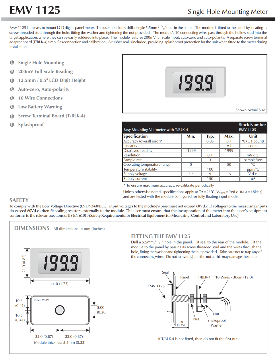 단일 구멍 장착형 LCD 전압계 LASCAR Panel Meters / EMV 1125