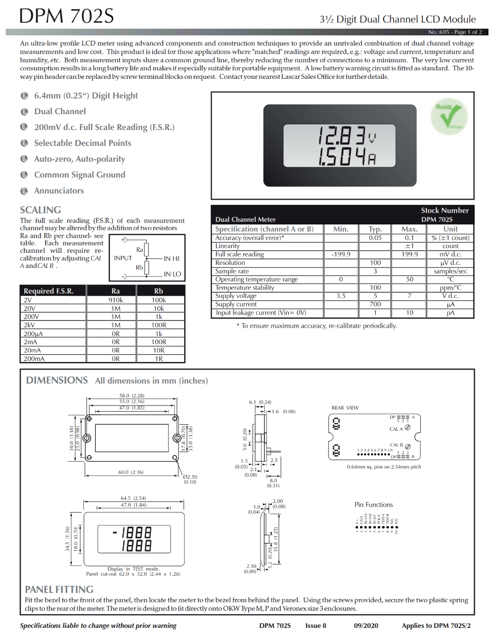듀얼 200mV LCD 전압계 LASCAR Panel Meters / DPM 702S