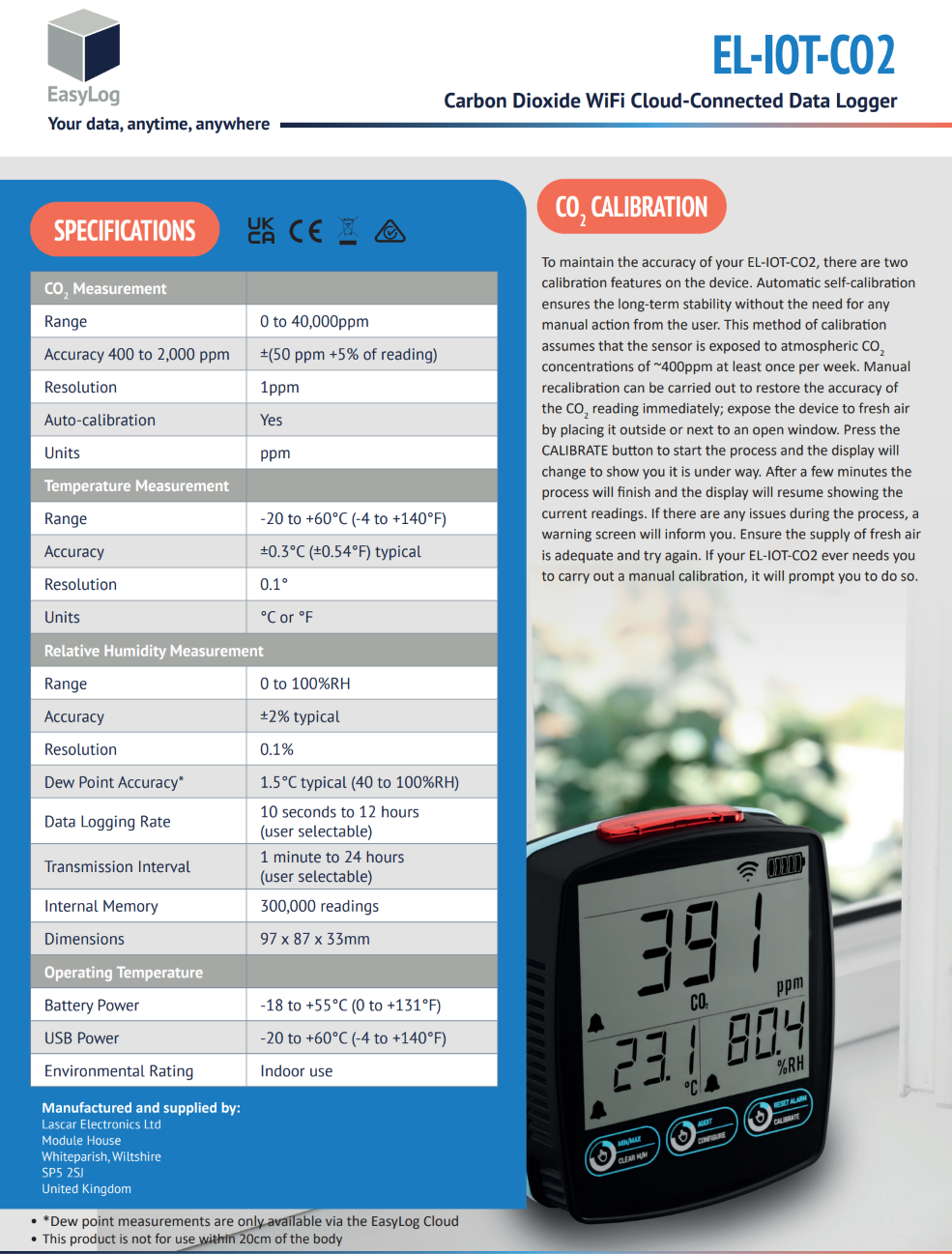 이산화탄소 및 대기질 데이터 로거 LASCAR EasyLog / EL-IOT-CO2