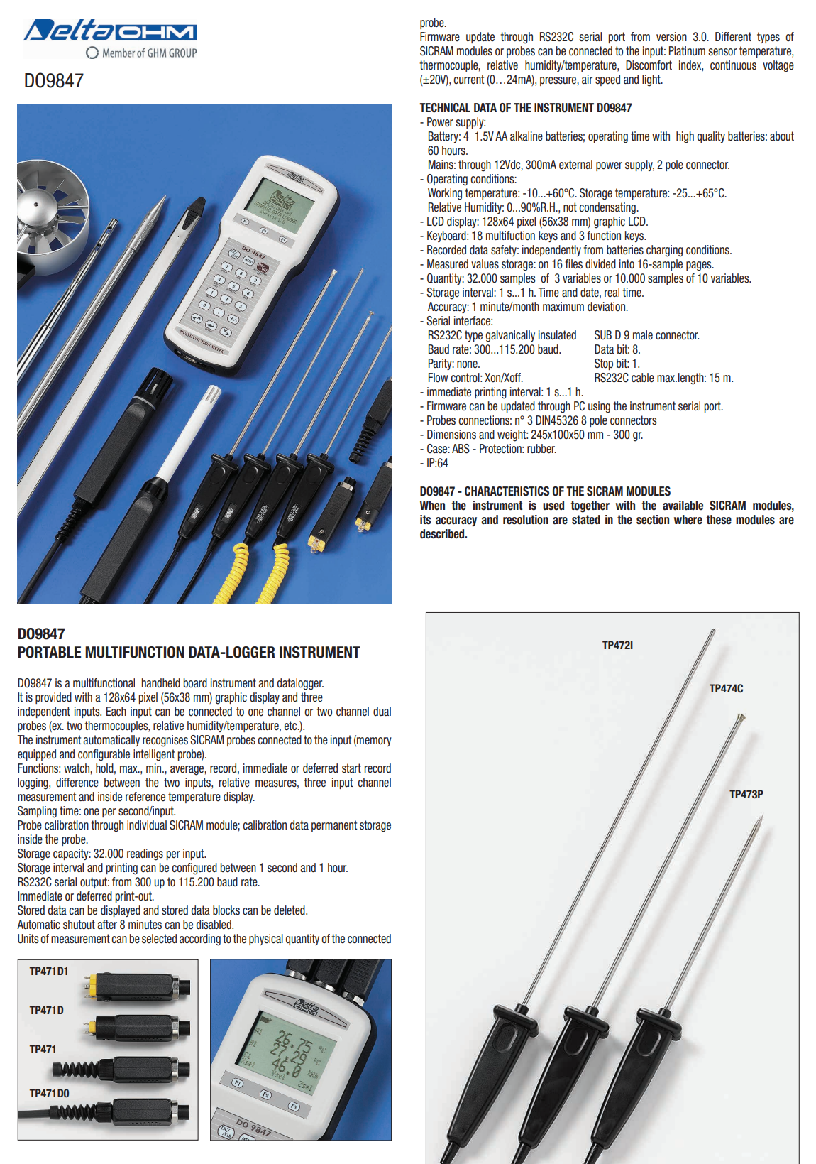 모든 측정값을 기록하는 3채널 데이터 로거 Senseca DeltaOHM DO9847