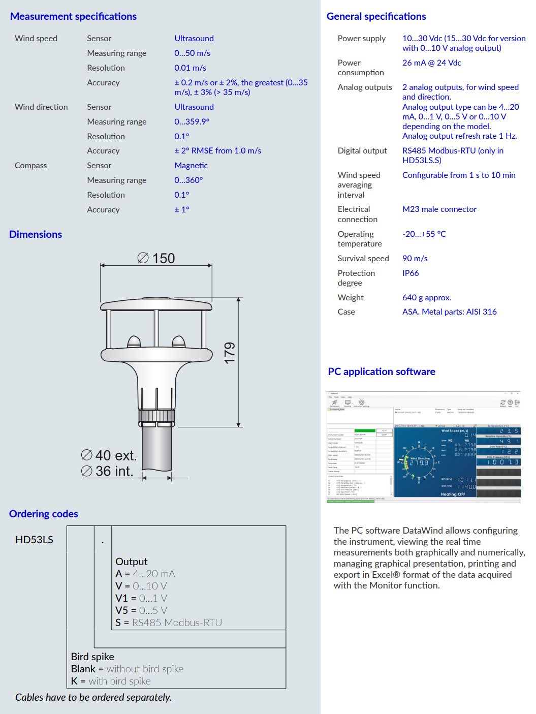 극저속 풍속 측정을 위한 고감도 풍향 풍속계 Senseca DeltaOHM HD53LS 시리즈