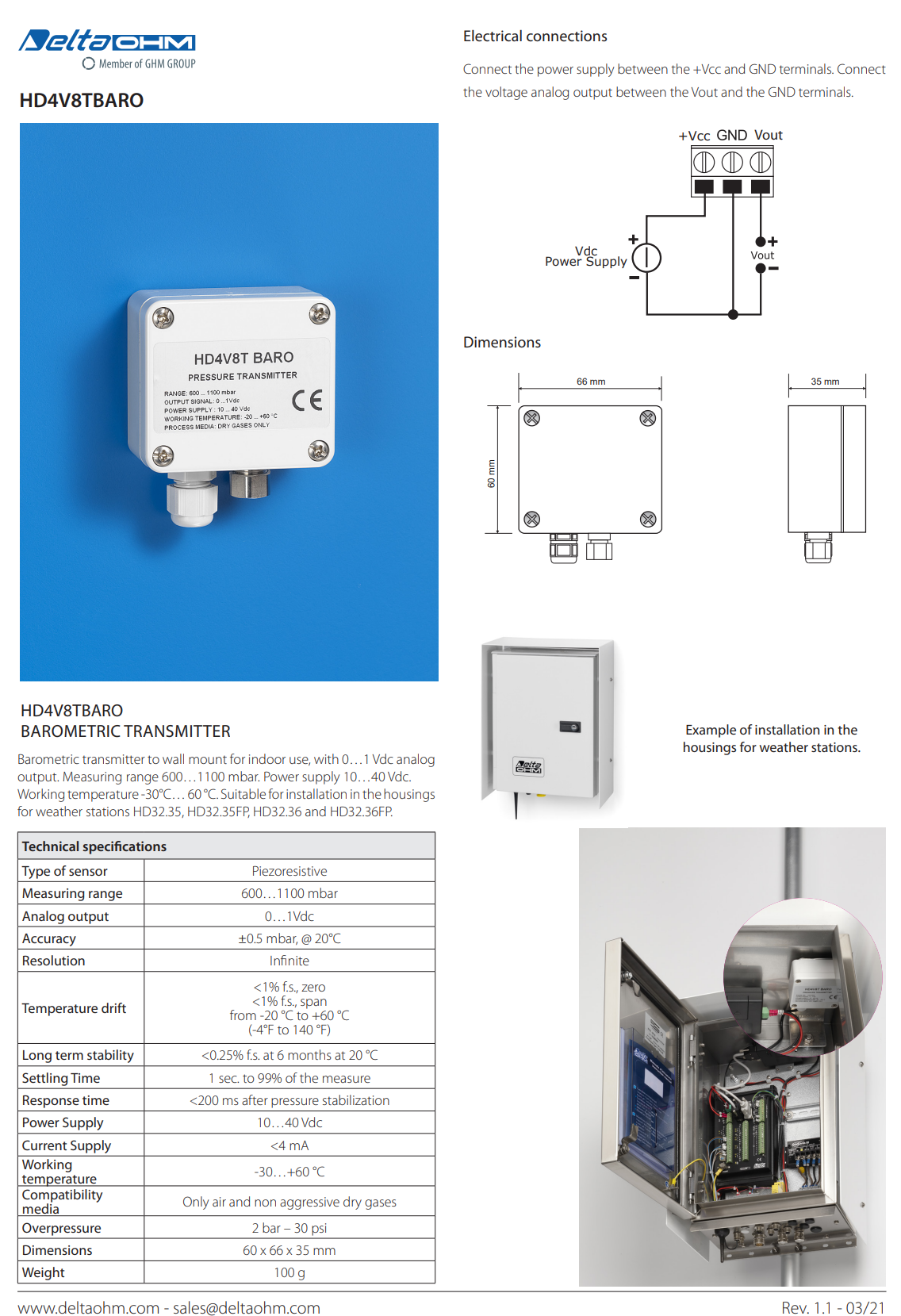 기압계 송신기 벽걸이 마운트 Senseca DeltaOHM HD4V8TBARO