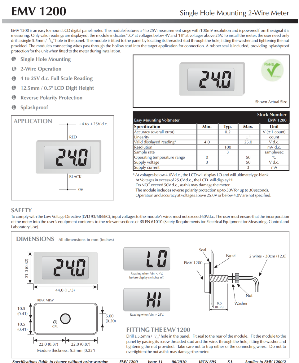 2선식 LCD 전압계 LASCAR Panel Meters / EMV 1200