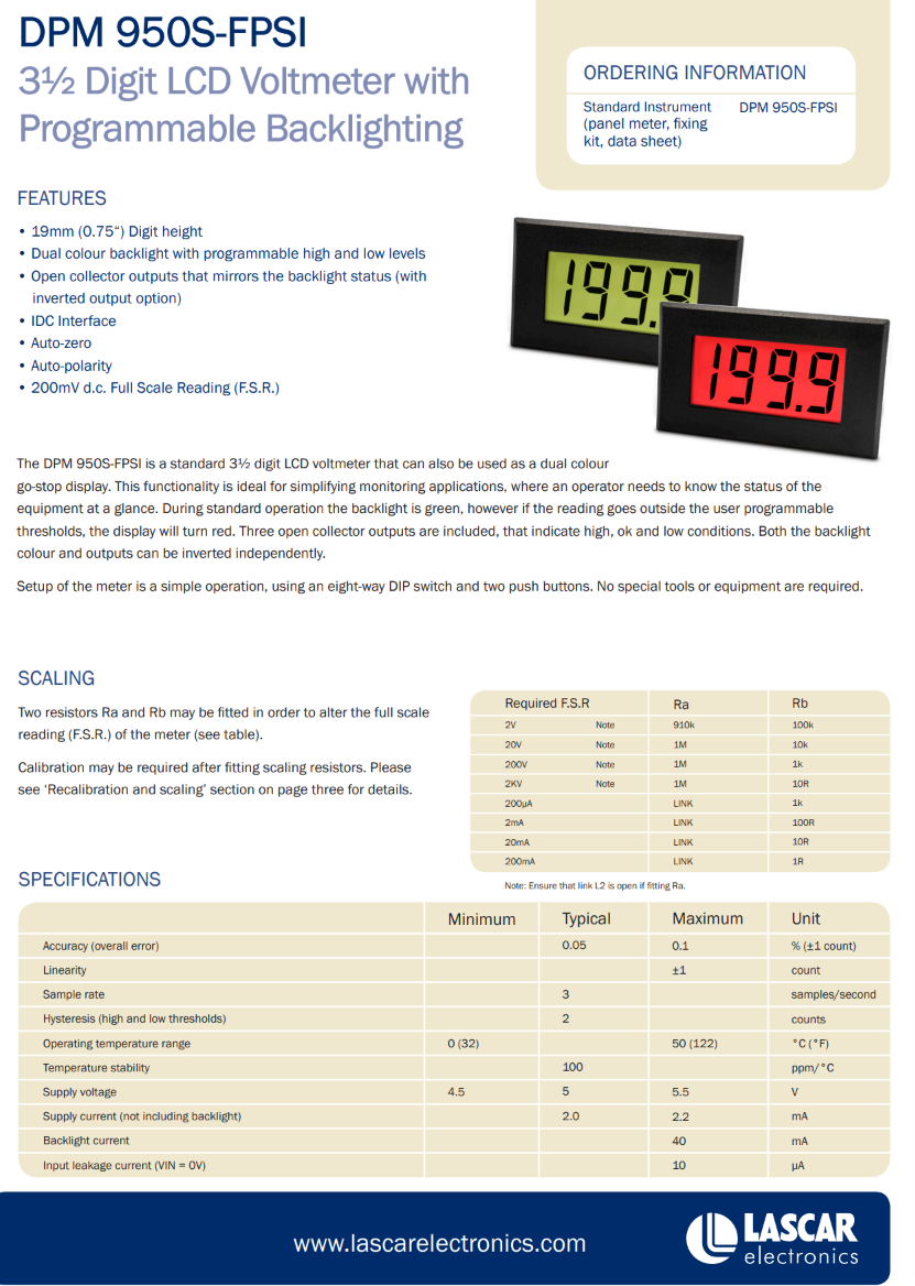 적색/녹색 프로그래밍 가능 백라이트를 갖춘 대형 200mV LCD 전압계 LASCAR Panel Meters / DPM 950S-FPSI