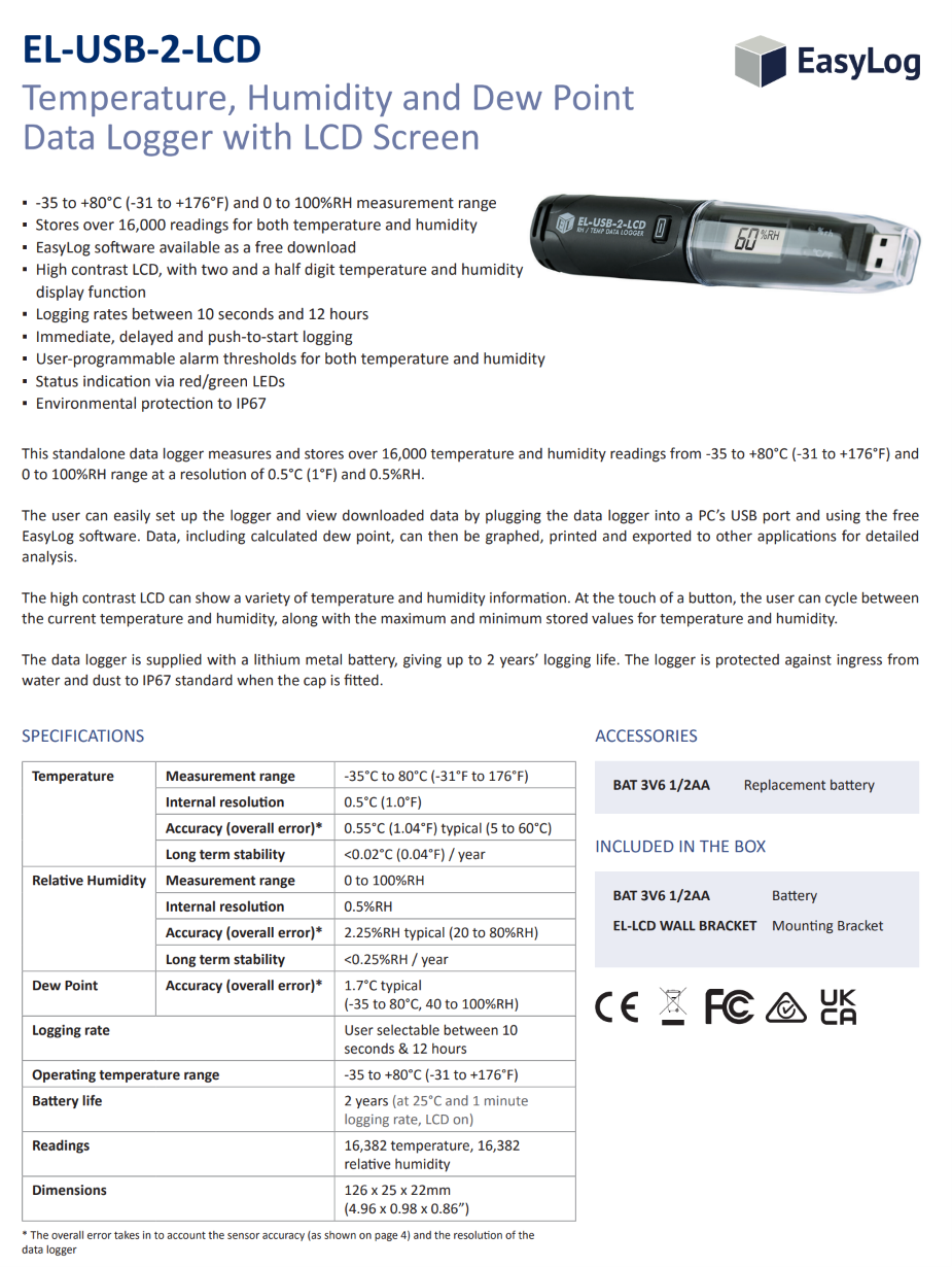 온도 및 습도 기록기 LASCAR EasyLog / EL-USB-2-LCD