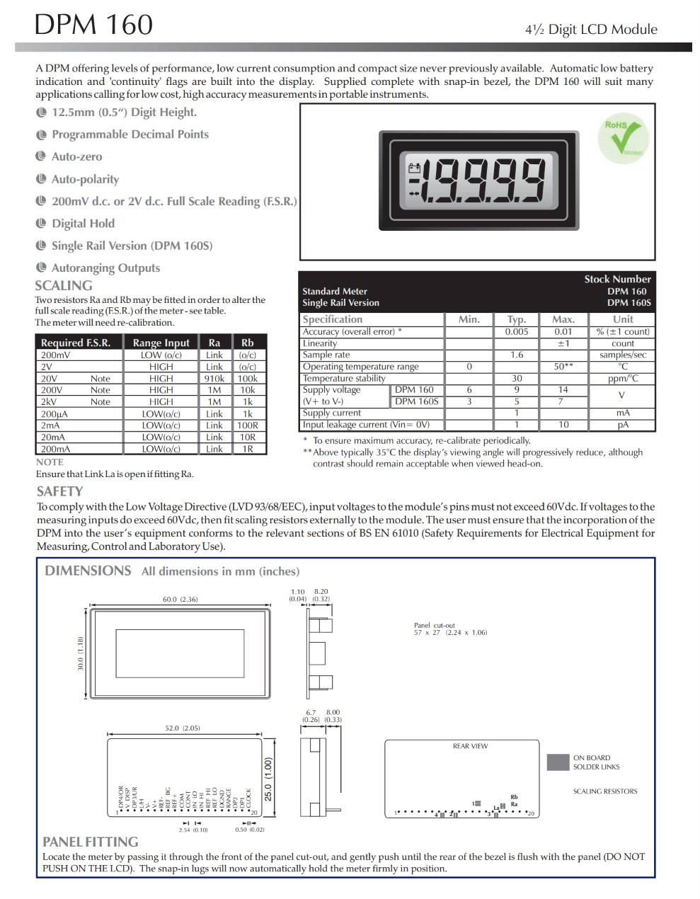 4.5자리 LCD 전압계 LASCAR Panel Meters / DPM 160S