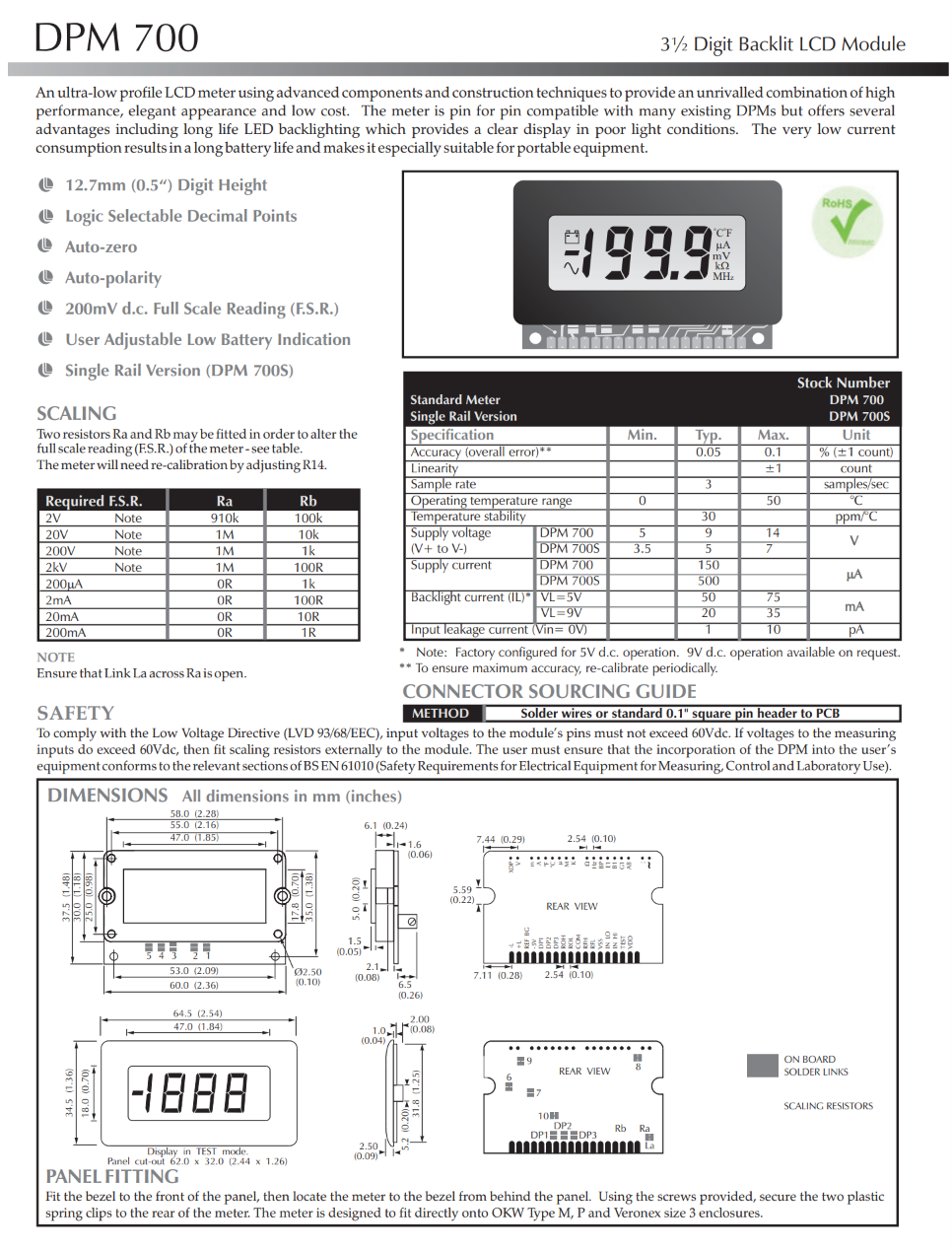 베젤 장착형 LCD 전압계 (LED 백라이트 포함) LASCAR Panel Meters / DPM 700S