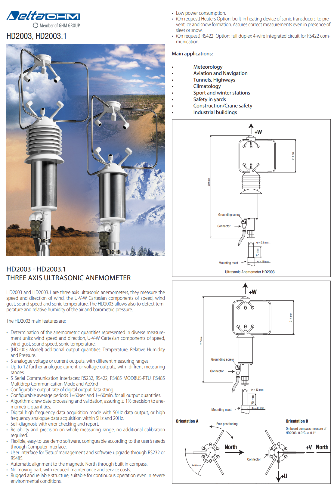3축 초음파 풍속계 Senseca DeltaOHM HD2003.1