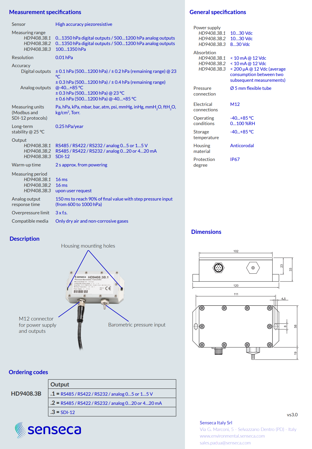 정밀 기압계 송신기 Senseca DeltaOHM HD9408.3B… 시리즈