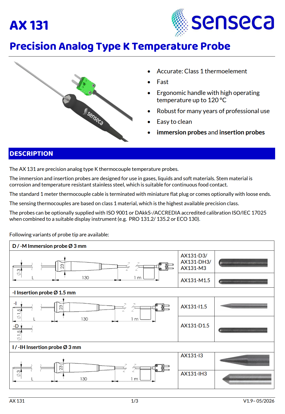 정밀 열전대 프로브 K형, 대형 손잡이 Senseca DeltaOHM AX131