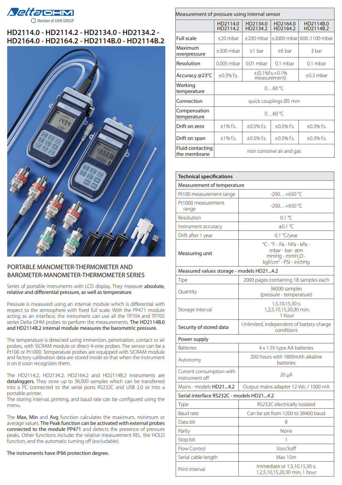 미세압력계-온도계– 200 mbar fs. Senseca DeltaOHM HD2134.0