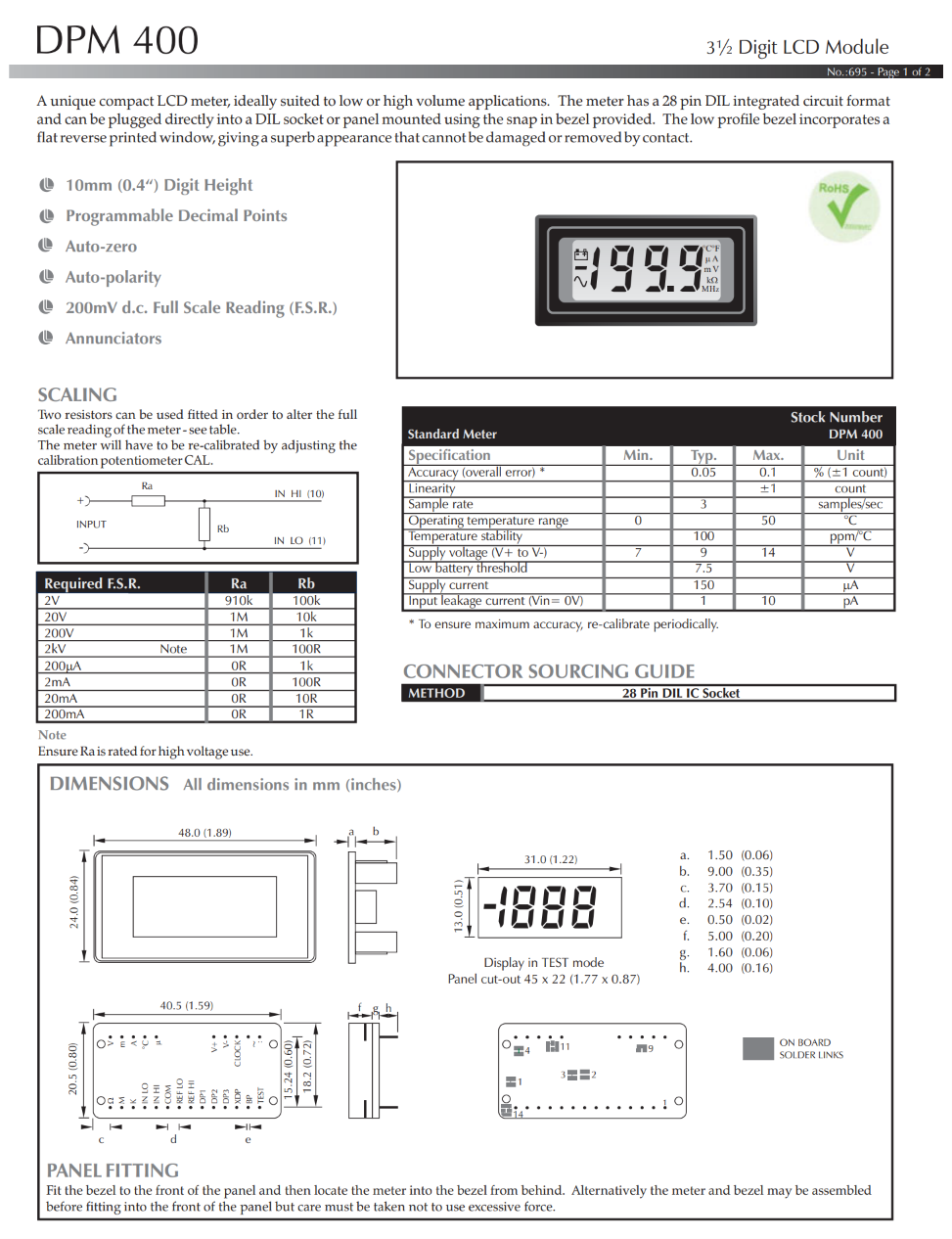 3½자리 LCD 전압계 LASCAR Panel Meters / DPM 400