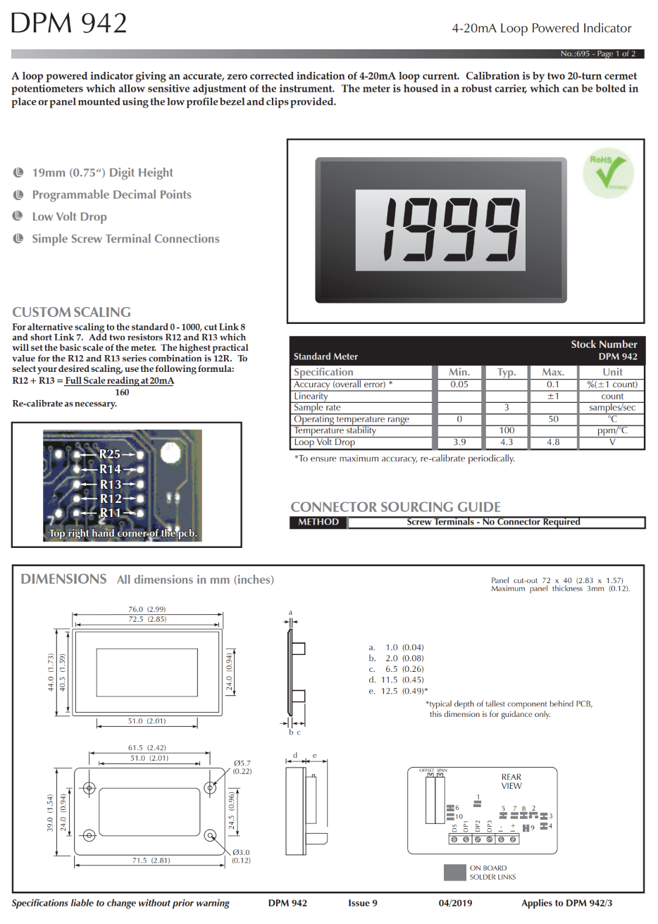 4-20mA 루프 전원 LCD 미터 LASCAR Panel Meters / DPM 942