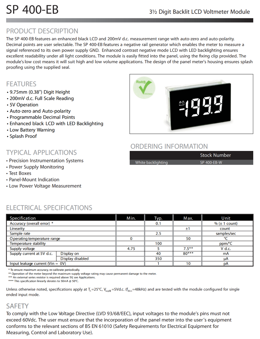 방수형 LCD 전압계 LASCAR Panel Meters / SP 400-EB-W