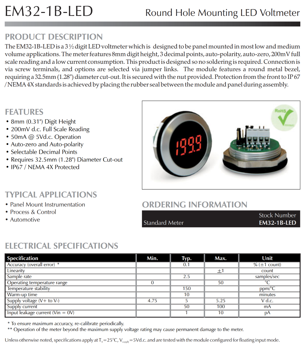 원형 LED 전압계 LASCAR Panel Meters / EM32-1B-LED