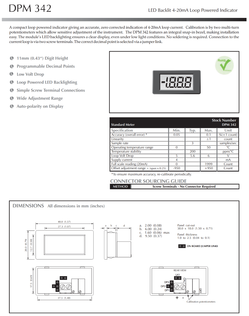 소형 4-20mA 루프 전원 LCD 미터 LASCAR Panel Meters / DPM 342