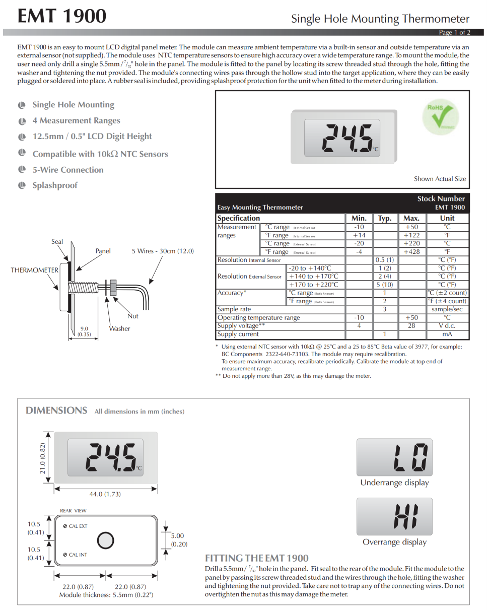 단일 구멍 장착형 디지털 LCD 온도계 LASCAR Panel Meters / EMT 1900