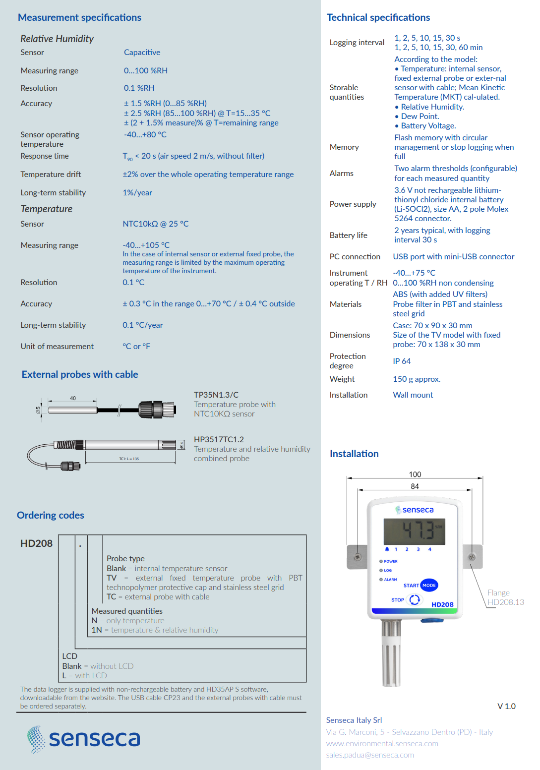 소형 데이터 로거: 온도, 상대 습도 및 이슬점 모니터링 Senseca DeltaOHM HD208