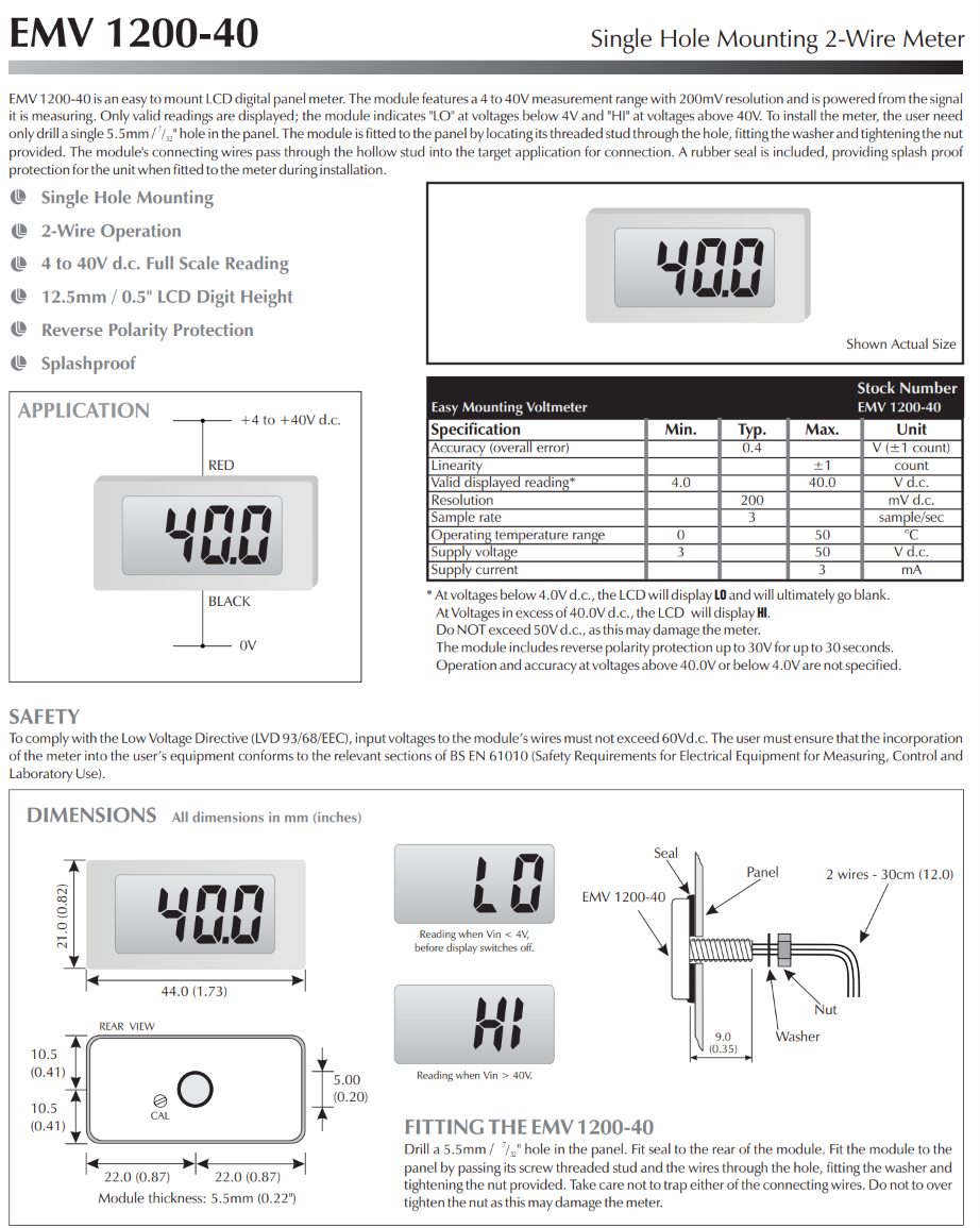 2선식 LCD 전압계 LASCAR Panel Meters / EMV 1200-40
