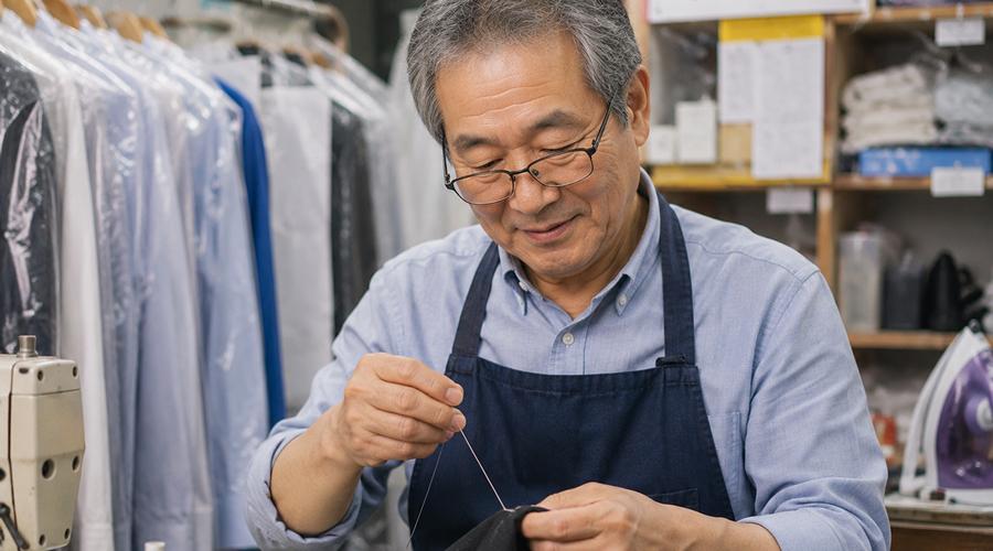 캐시노트 페이 이용 후기 - 세탁소 내부에서 친근하게 웃으며 옷을 수선 중인 소상공인 사장님의 모습