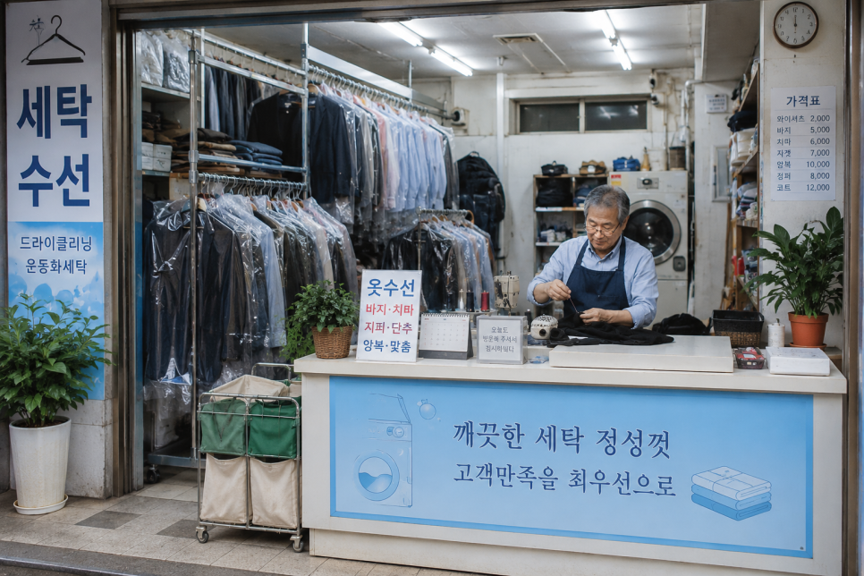 캐시노트 페이 이용 후기 - 깔끔하게 정돈된 세탁 수선소 매장에서 바느질 중인 사장님 모습