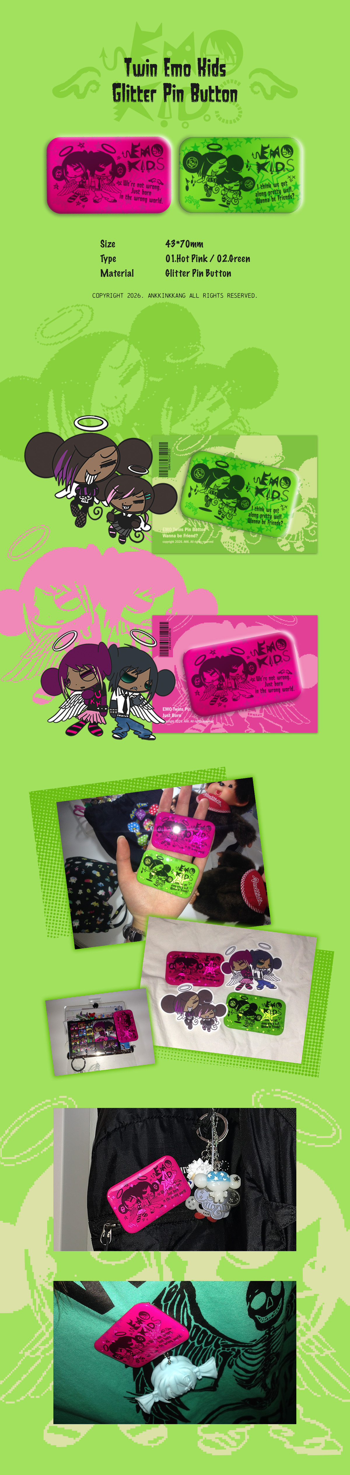 [Ankkingkkang] Twin Emo Glitter Pin Button(2types)