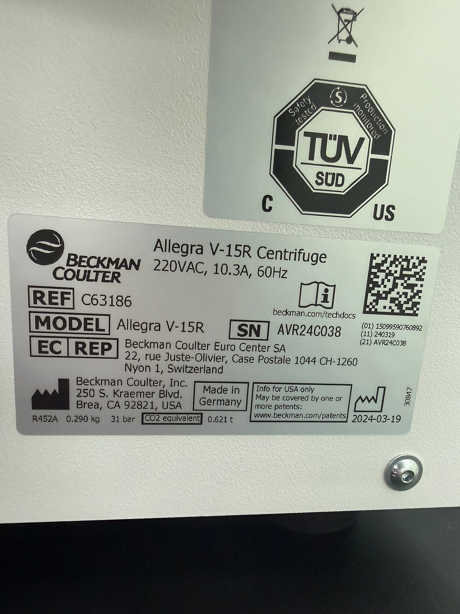 Beckman Coulter Allegra V-15R 냉장 Multi Centrifuge