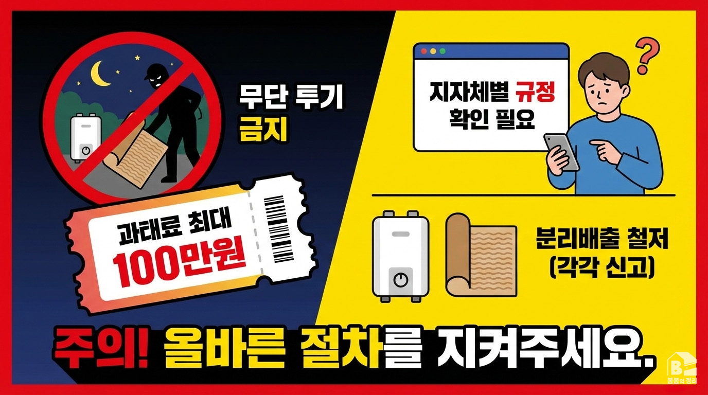 온수매트 무단 투기 금지 및 과태료 경고, 지자체 규정 확인 안내 이미지