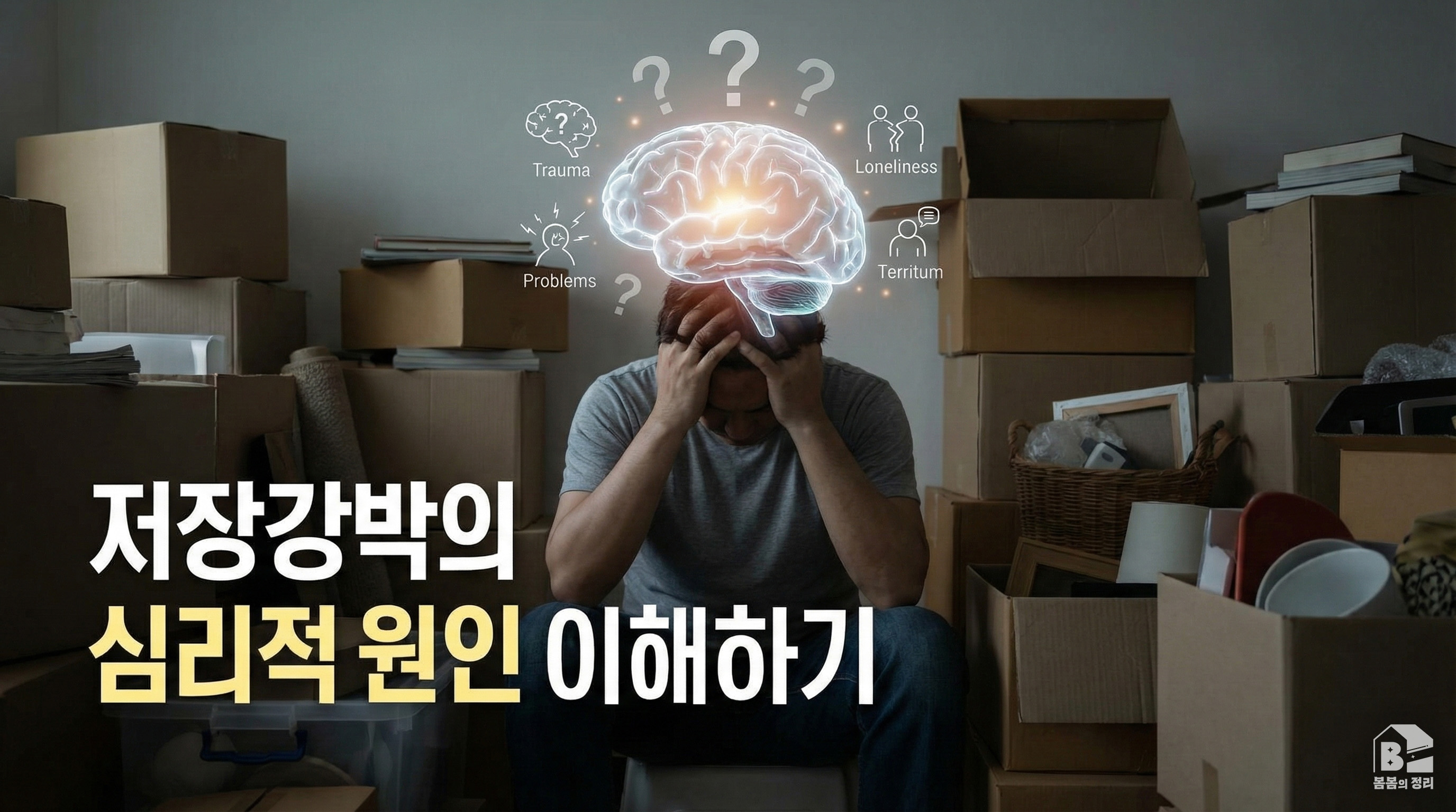 저장강박의 심리적 원인, 트라우마와 외로움으로 고민하는 사람의 모습과 뇌 이미지