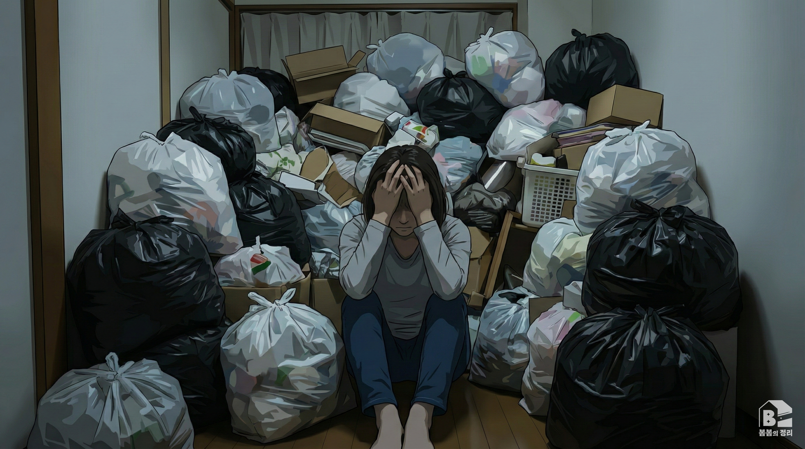 거대한 쓰레기 더미 앞에서 머리를 감싸 쥐고 괴로워하는 사람의 모습