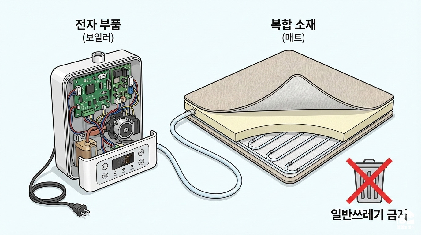 온수매트 구조 분해 아이콘 및 분리배출 필요성 강조 이미지