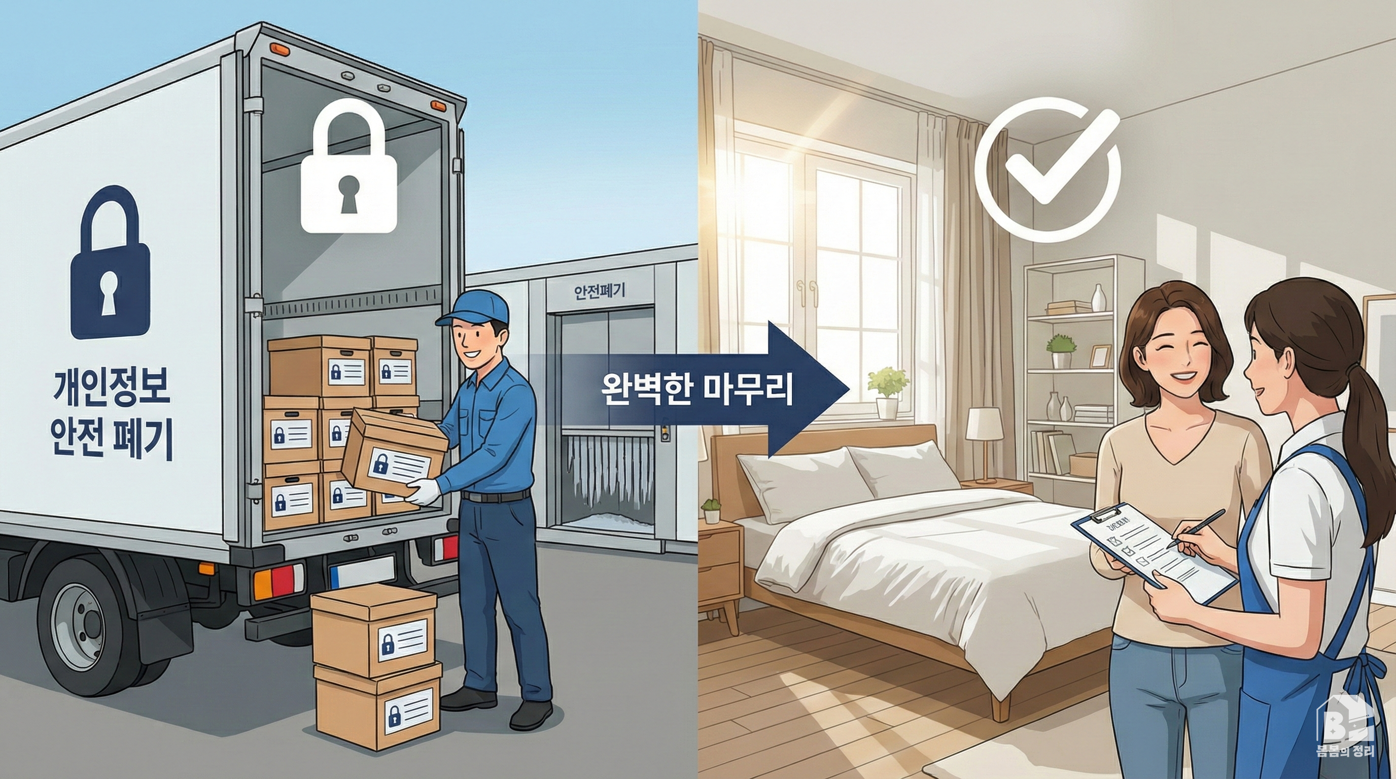 개인정보 안전 폐기 트럭으로 수거하는 과정과 깨끗하게 정리된 방에서 만족하는 고객의 모습을 담은 애니메이션 이미지 - 완벽한 보안과 뒷마무리 강조