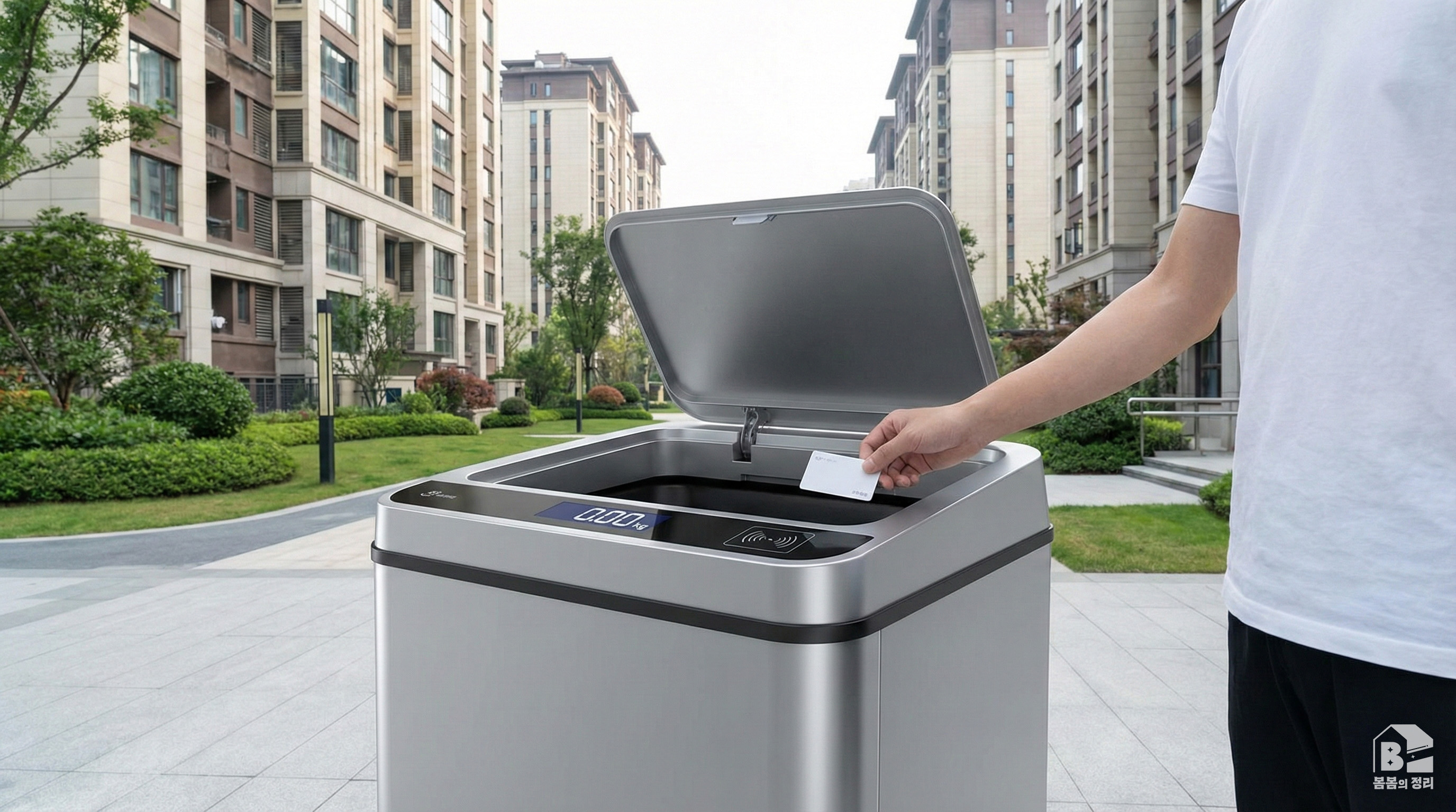아파트 단지에서 사용자가 카드를 태그하여 RFID 음식물 쓰레기통을 사용하는 모습