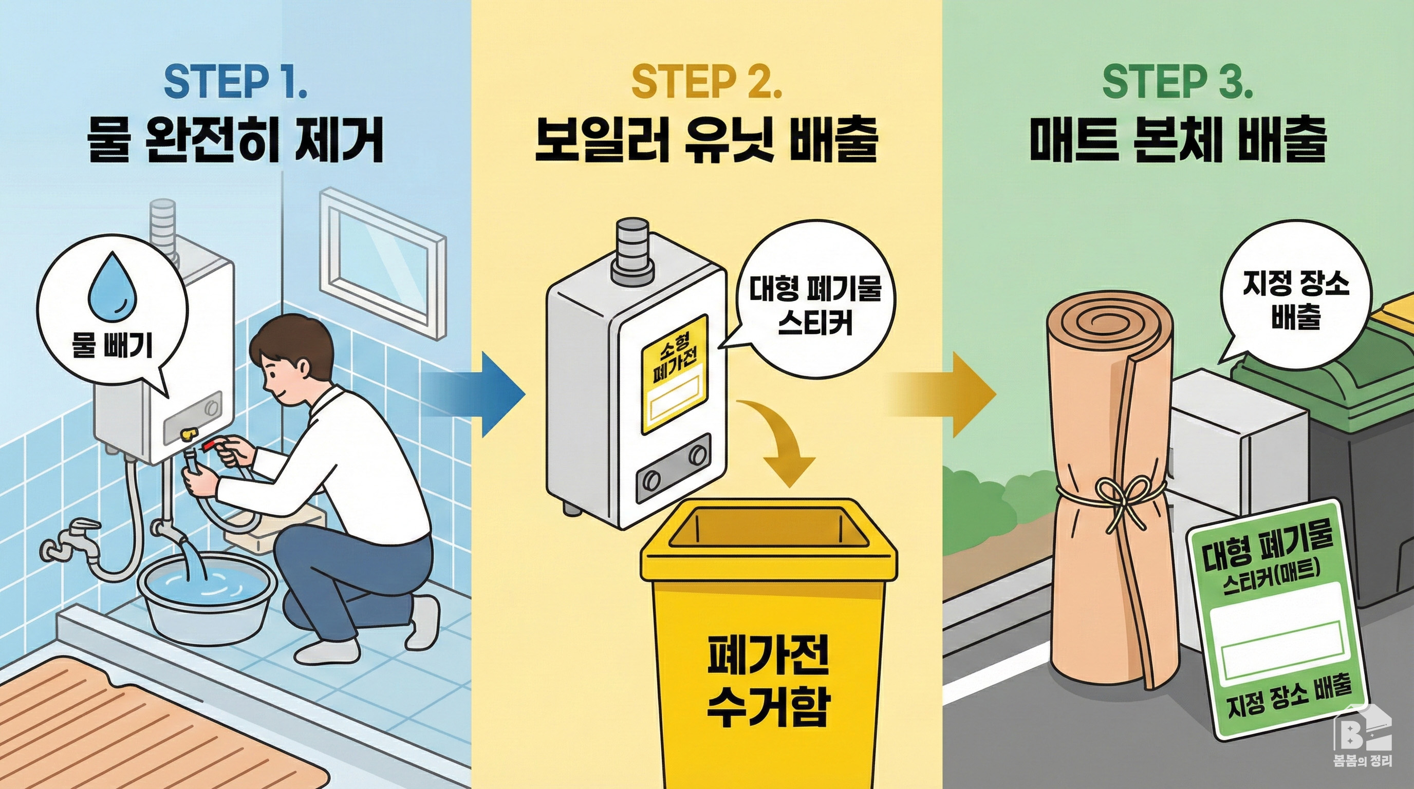 온수매트 올바른 배출 3단계 절차 인포그래픽 (물 빼기, 보일러 처리, 매트 스티커 부착)