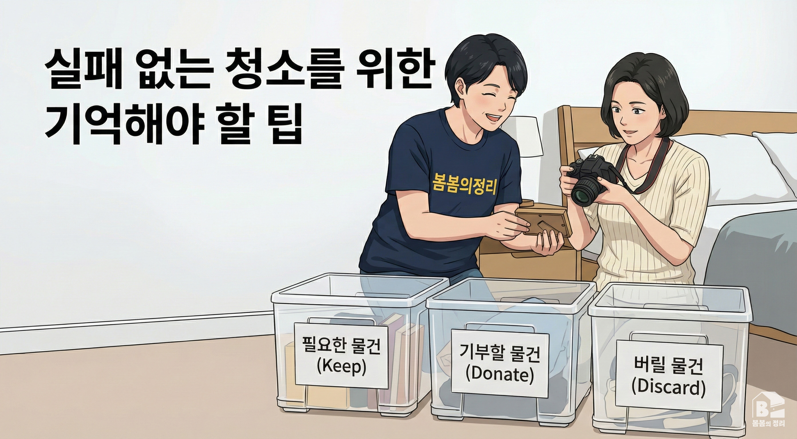 저장강박 청소 팁, 전문가와 함께 물건을 필요, 기부, 버림으로 분류하는 모습