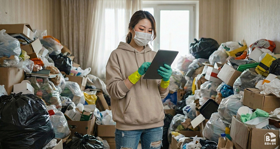 현장에서 견적을 산출하는 전문 청소업체 직원의 모습